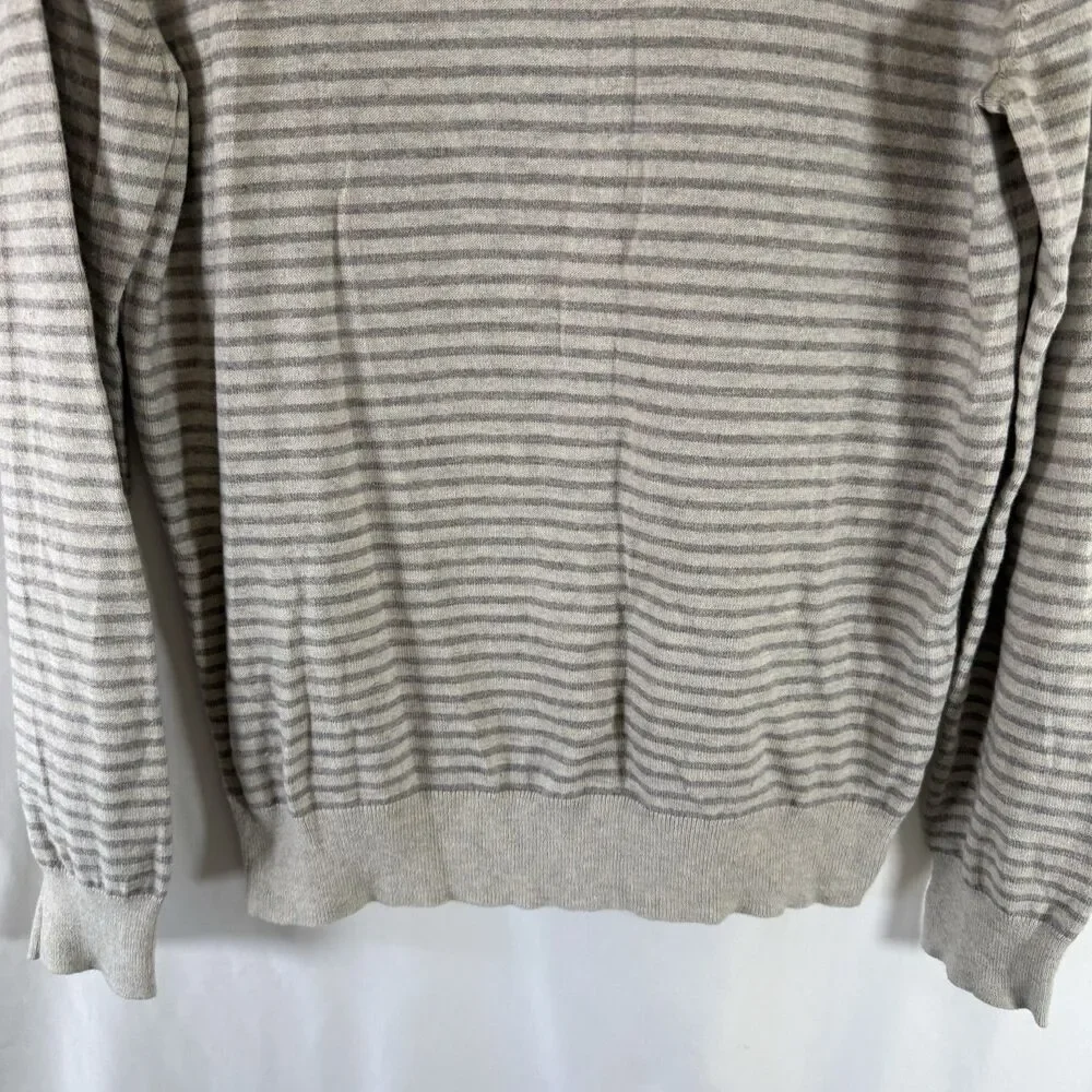 J Crew Harbor Cotton Sweater Men's Large Slim Fit Grey White Striped Crewneck